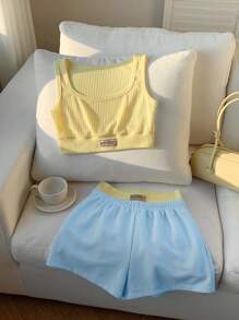 Comfortcana Bộ 2 món/Bộ áo ba lỗ in chữ và quần short thường ngày mùa hè cho nữ - Nhiều màu - Xem 3