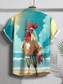 Manfinity RSRT Camisa informal de manga corta con diseño gráfico de arte colorido, estampado divertido de gallo, para el verano para hombres Manfinity RSRT