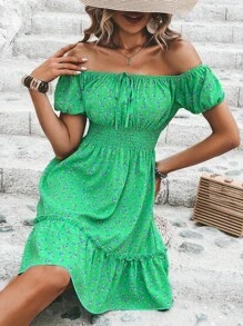 Chiquease 女式碎花露肩系带短袖休闲连衣裙，度假风格