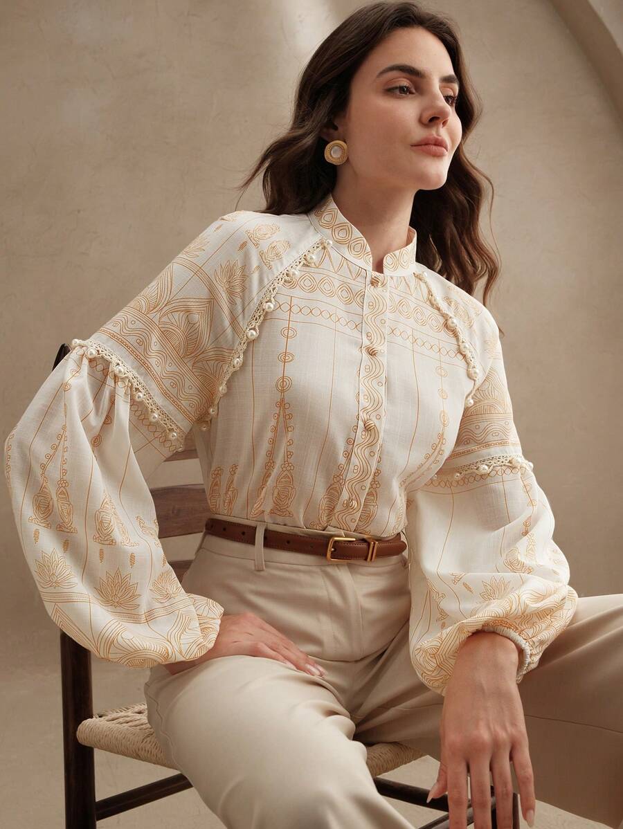 Anewsta French Vintage Royal Style Printed Stand Collar Long Sleeve Women Shirt - Yellow - View 1