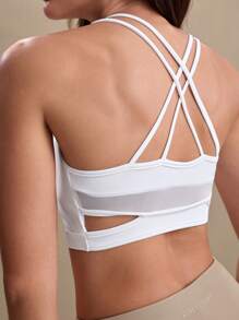 Gameset SHEIN Sport Women's Four Season Removable Padded Mesh Splicing Open Back & Waist Sports Bra, White - White - View 2