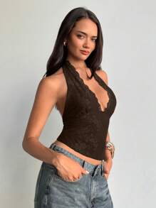Aloruh 女士纯色蕾丝拼接露背性感吊带背心 - 棕色 - 查看 7