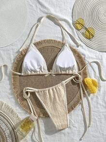 Swim Mod Women's Summer Jacquard Fabric Spaghetti Strap Ruffle Bow Sexy Bikini Set - Apricot - View 2