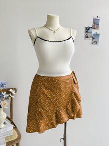 Soleia Plus Polka Dot Print Knot Side Ruffle Trim Wrap Hem Skirt Peplum Short Skirt - Multicolor - View 3