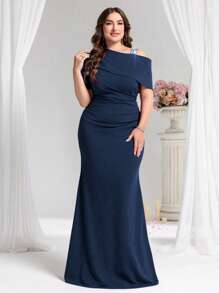 Coutiva Plus Size Asymmetrical Beaded Formal Evening Gown, Party Dress, For Wedding Guest - Navy Blue - View 7