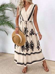 SHEIN Unity V-Neck Tie Front Printed Maxi Dress, Beach Vacation Women's Wear With Ruched Shoulder Tie Design - Apricot - View 6