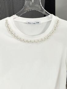 Franclia Women's Casual Studded And Chain Decor Round Neck Short Sleeve T-Shirt, Summer - White - View 5