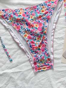 SHEIN Swim Conjunto de 2 piezas de ropa de playa de verano para mujer, top halter con volantes y estampado floral diminuto, y Bottom con lazo lateral, traje de baño con diadema