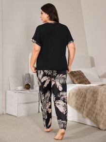 SHEIN Conjunto de ropa informal de mujer con cuello redondo y empalmes de colores contrastantes