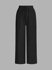 SHEIN Essnce 3 件套简约纯色纹理直筒裤，休闲女士夏季裤子 - 彩色 - 查看 3