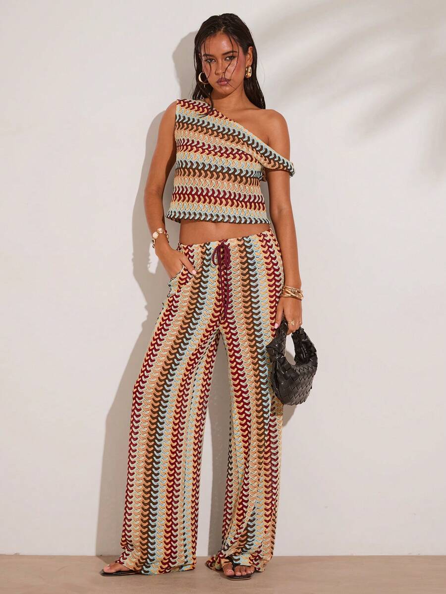 SHEIN BAE 1 pieza de top asimétrico de hombro simple a rayas de ganchillo, adecuado para vacaciones en la isla, luna de miel, fiesta en la piscina, vacaciones de mujer, primavera, verano, elegante, sexy, resort de playa