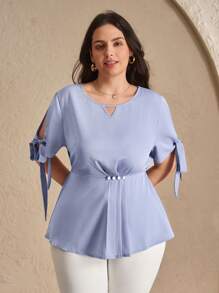 SHEIN Clasi Plus Size Plain Simple Daily Tie Cuff Shirt - Blue - View 3