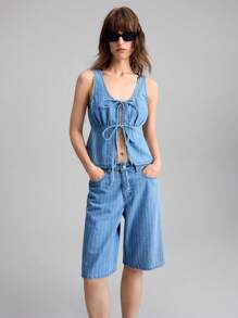 Ontre Women's Blue Denim Top Casual Bowknot Vest Comfort Striped Denim Old Money Style - Medium Wash - View 4