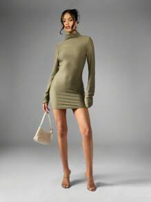 MISSGUIDED High Neck Turtleneck Long Sleeve Ribbed Bodycon Mini Dress Winter Fall Nightout Party Stretchy Form Fitting Basic Fashion Essentials - Army Green - View 3