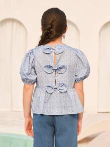 Tween Girls Ruffle Short Sleeve Bowknot Back Blouse Shirt - Blue - View 1