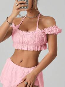 SHEIN ICON 女式夏季褶皱方领短袖短款上衣，白色 - 粉色 - 查看 5