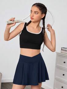 SHEIN Faldas pantalón de punto de unicolor con bolsillo oculto antirreflectante y cintura en V para adolescentes, faldas pantalón deportivas casuales