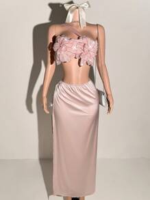 Slaydiva Women Dusty Pink Summer Tropical Beach Vacation Holiday,Satin Shiny Fabric 3D Floral Decor Strapless Backless Maxi Dress,See-Through Mesh Rhinestones - Pink - View 5