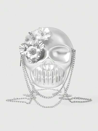 Goth Women's Edgy Silver Skull-Shaped Crossbody Bag With 3D Floral & Chain Accents, Punk Chic Statement For Streetwear
