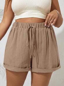 SHEIN VCAY Quần short thường ngày rộng rãi màu trơn buộc eo cho nữ cỡ lớn - Lạc đà - Xem 2