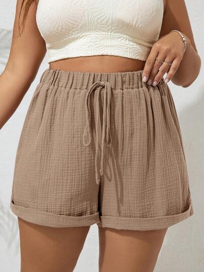 SHEIN VCAY Plus Size Women Solid Color Waist Tie Loose Casual Shorts
