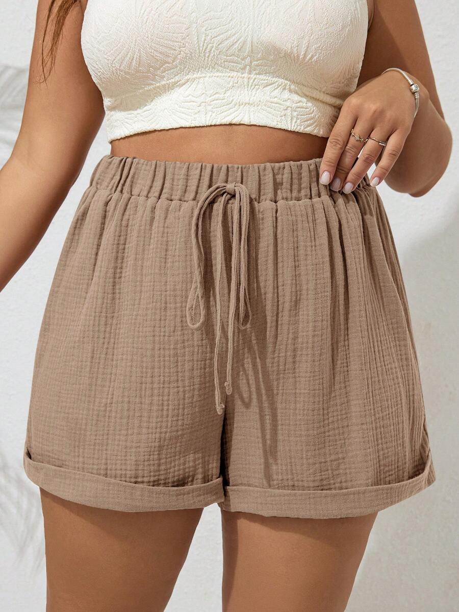 SHEIN VCAY Quần short thường ngày rộng rãi màu trơn buộc eo cho nữ cỡ lớn