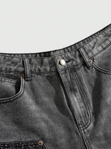 ROMWE MEN Casual 夏季男士拼色水洗牛仔短裤 - 黑色 - 查看 4