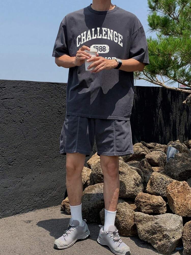 Men's Letter Print Short Sleeve T-Shirt & Shorts 2 Pieces Set
