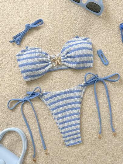 Soleia 女士泳衣新品 - 褶皱面料复古浪漫优雅性感派对海星金属装饰抹胸上衣 + 侧系带下装配海星吊坠比基尼套装