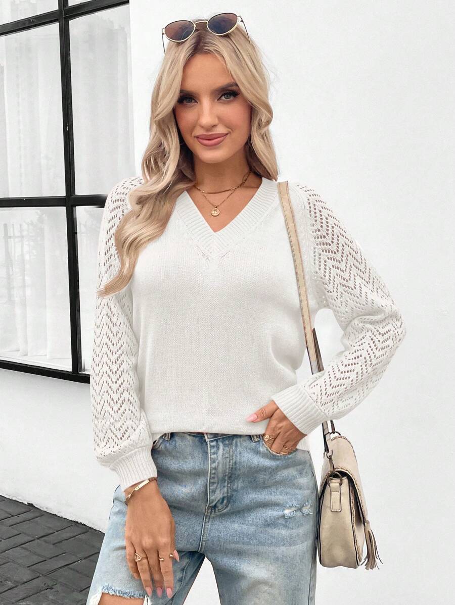 SHEIN LUNE Jersey De Punto De Agujero Con Mangas Raglán - Blanco - Ver 1