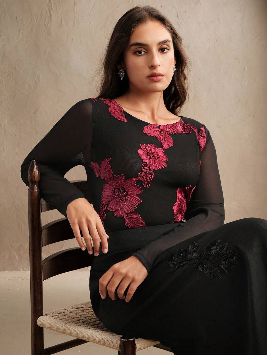 Anewsta Áo cánh mới cho mùa xuân/hè cỡ lớn, áo dài tay cổ tròn thêu hoa thanh lịch, thích hợp cho ngày lễ tình nhân, đêm hẹn hò, kỳ nghỉ ở bãi biển - Đỏ và đen - Xem 1