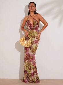 SHEIN BAE Women's Summer Vacation Retro Floral Print One Shoulder Mermaid Hem Dress - Green - View 3