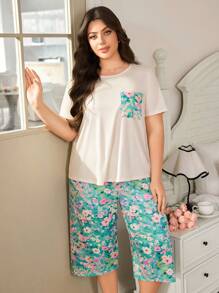 SHEIN Bộ đồ ngủ tay ngắn in họa tiết hoa cỡ lớn dành cho nữ và quần dài 3/4 mùa hè, trang phục - Nhiều màu - Xem 5