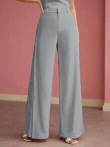 MOTF PREMIUM BUTTON DETAIL WIDE LEG PANTS - Blue - View 7