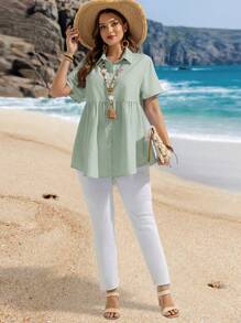EMERY ROSE Plus Size Casual Striped Shirt, Simple And Fashionable For Daily Wear, Summer, Boho - Mint Green - View 4