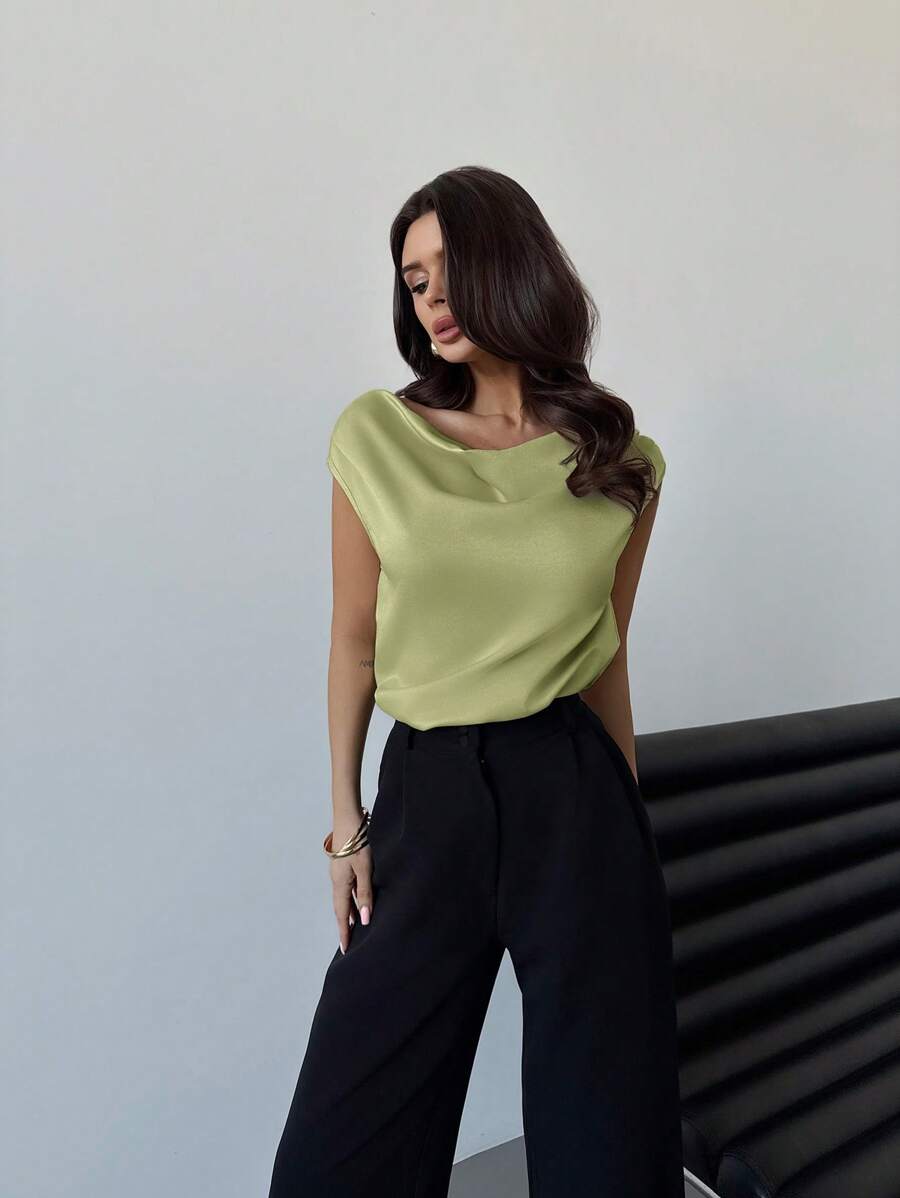 Firerie Áo cánh satin cổ vuông không tay xếp ly bất đối xứng thanh lịch, áo cánh thời trang tối giản cho đi làm hàng ngày, đi làm, hẹn hò, đám cưới, mùa xuân/hè - Màu xanh Bạc hà - Xem 1