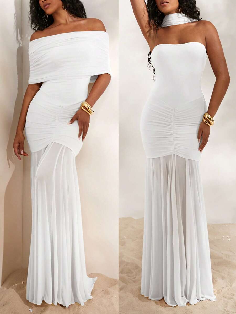 Opulessa 女式纯色针织网眼露肩修身超长美人鱼连衣裙 - 白色 - 查看 1