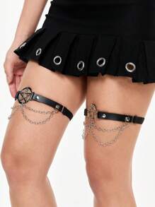 ROMWE Grunge Punk 2 piezas Cadenas para las piernas de mujer, decoración de estrella hueca de 5 puntas de color negro de doble capa, estilo punk oscuro gótico, se adapta a vestidos, pantalones cortos, uso versátil para todos los días