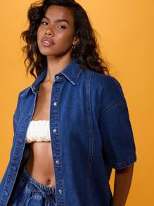 MISSGUIDED Conjunto coordenado jeans oversized para festival de verão, minissaia com babados, botões, manga curta, primavera, férias, praia, casual, duas peças - Lavagem Média - Ver 7