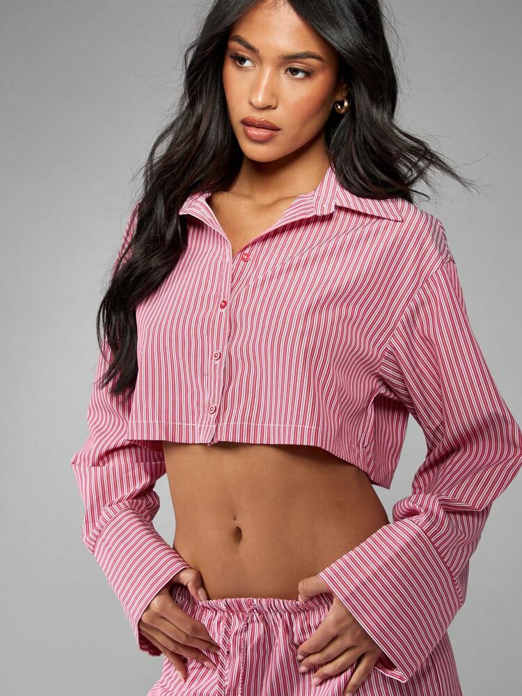 MISSGUIDED Top Cropped com Botões e Listras, Manga Longa, Colarinho, Estilo Clássico de Escritório, Casual Elegante, Moda Verão e Primavera, Top de Natal