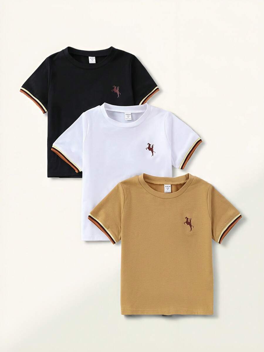 SHEIN Genkimix Kids 3 件装年轻男孩休闲 T 恤（3 种颜色可选），适合夏季度假、假日、旅行、放松、日光浴 - 彩色 - 查看 1