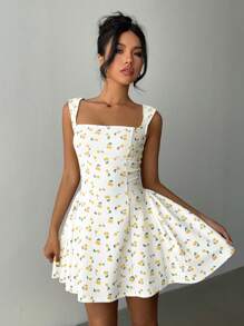 Aloruh 女式樱桃印花方领迷你连衣裙，时尚夏季 - 黃色 - 查看 4