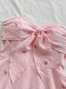 Soleia 女士节日、狂欢节、海滩巡航度假连体衣，粉色和白色条纹蝴蝶结设计，褶皱前扭后宽松连体衣，适合派对、约会、下午茶、夏季服装 - 彩色 - 查看 6