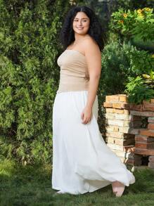 SHEIN EZwear Plus Size Black Pleated Slit Strapless Knit Stretch Top - Brown - View 4