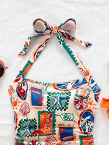 Soleia 女士度假针织浪漫粉色芙蓉印花吊带褶皱腰修身时尚吊带背心，适合春夏时尚、派对、约会、情人节、下午茶、复活节、狂欢节、海滩巡游度假 - 彩色 - 查看 6