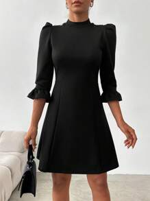 EURMUSE Mock Neck Flounce Sleeve A-line Dress - Black - View 1