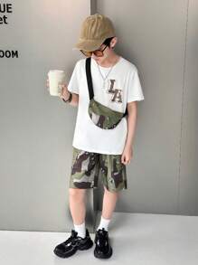 SHEIN 2pcs/Set Tween Boys Loose White Short Sleeve T-Shirt With Letter Print And Relaxed Camouflage Print Cargo Pants With Pouch Bag
