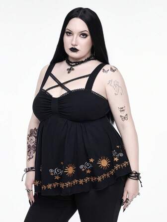Goth Top de tirantes bordado con girasoles estilo gótico vintage para tallas grandes, Halloween