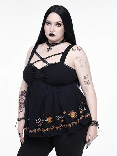 Goth Canotta vintage con ricamo di girasole gotico per taglie forti, adatta per Ognissanti