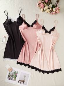 SHEIN 3件套性感纯色缎面蕾丝花边吊带睡衣套装